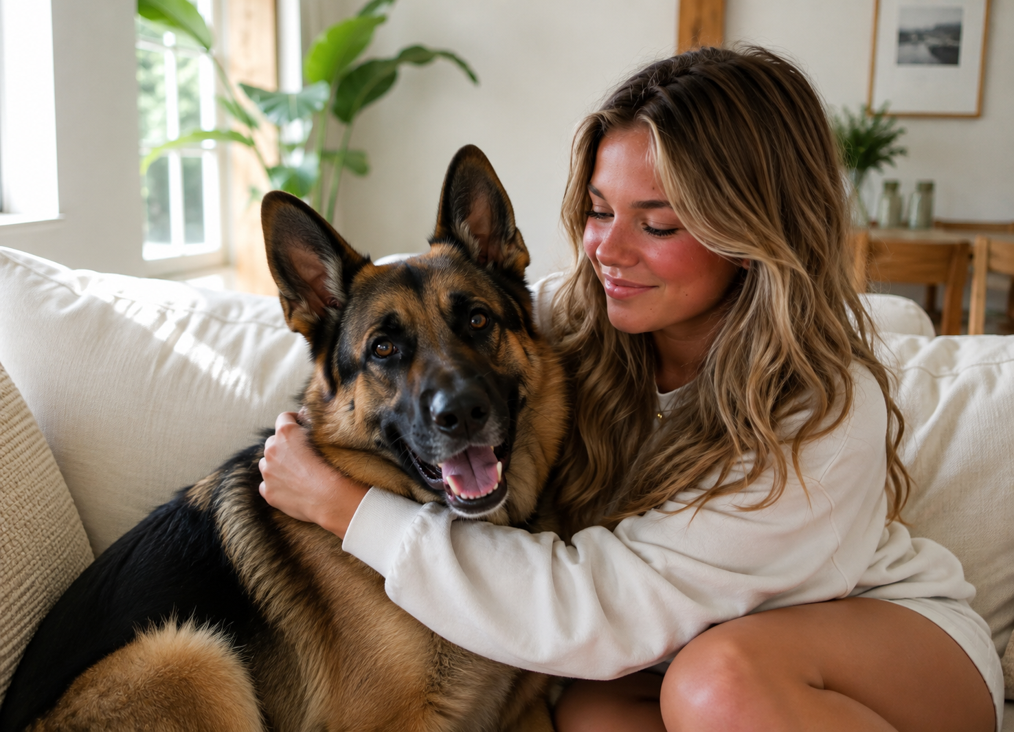 Smiling woman cuddling her happy German Shepherd on a bright sofa