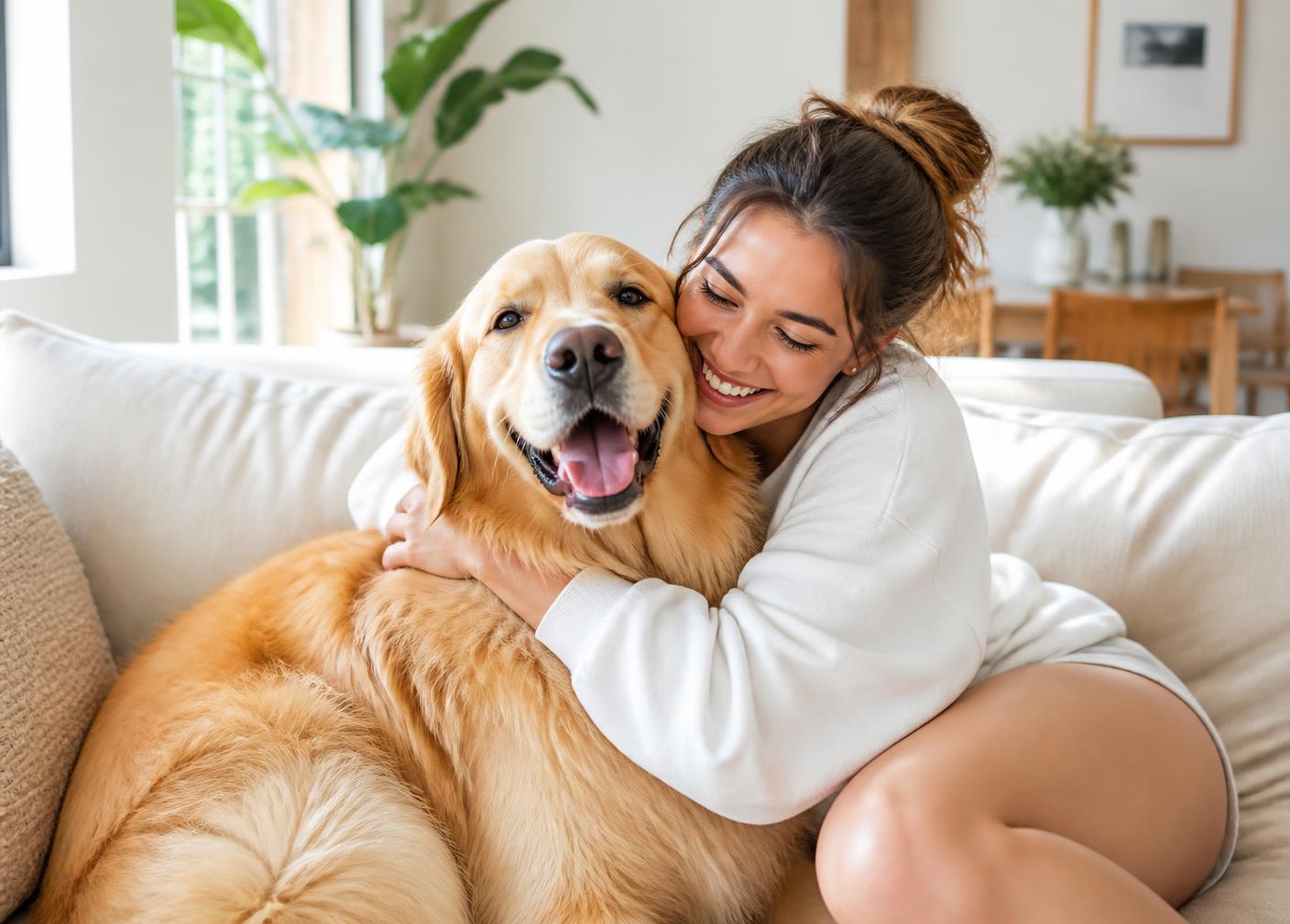 Smiling woman cuddling her happy golden retriever on a bright sofa
